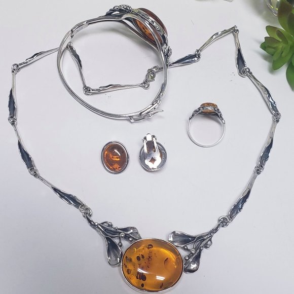 Antique Amber Jewelry set in 925 Silver - Picture 4 of 11